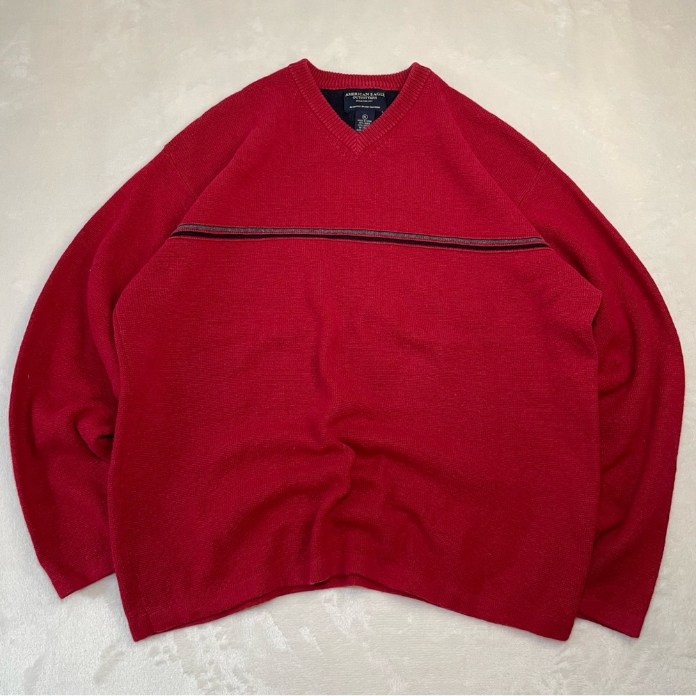 VTG American Eagle V Neck Knit Sweater Red Stripe Mens Sz XL Preppy Y2K 90s